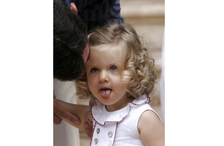 Spain’s Crown Prince Felipe with his daughter Infanta Leonor pose for the media at Marivent palace in Palma de Mallorca