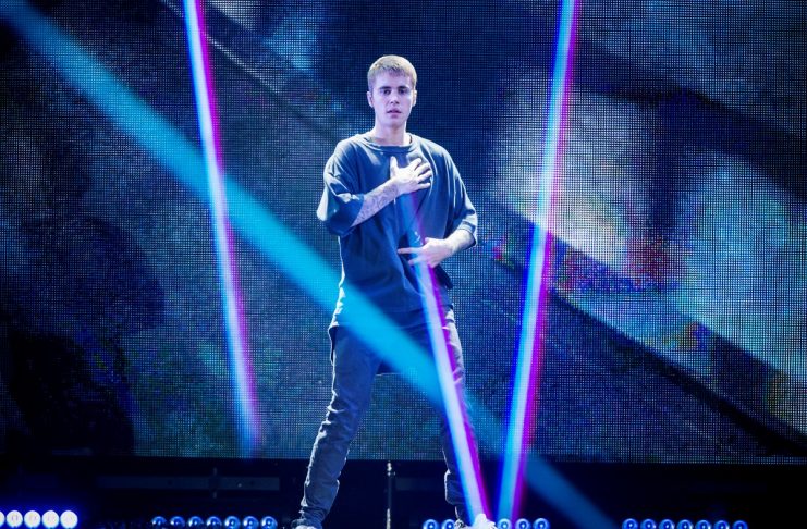 Singer Justin Bieber performs on stage in Telia Parken Stadium in Copenhagen, Denmark