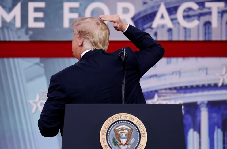 U.S. President Donald Trump gestures at the Conservative Political Action Conference (CPAC) at National Harbor, Maryland