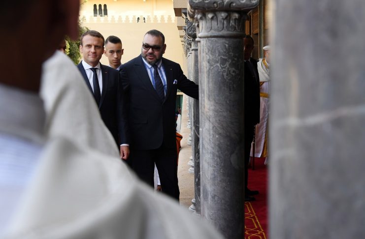 France’s President Emmanuel Macron is welcomed by Moroccan King Mohammed VI at the Royal Palace in Rabat