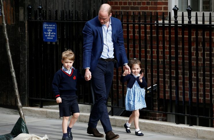 Britain’s Prince William arrives at the Lindo Wing of St Mary’s Hospital with his children Prince George and Princess Charlotte after his wife Catherine, the Duchess of Cambridge, gave birth to a son, in London