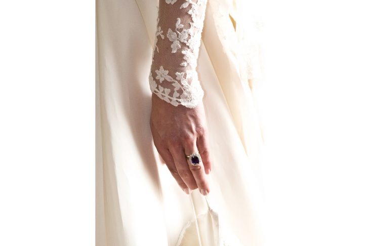 The wedding ring and the engagement ring are seen on Britain’s Catherine, Duchess of Cambridge, at Buckingham Palace in London.