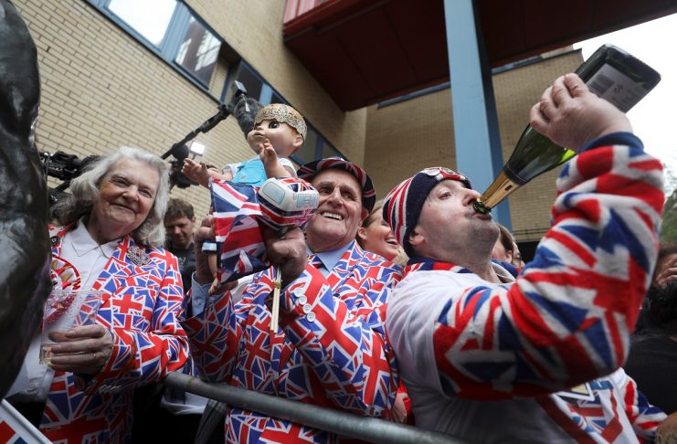 Supporters of the royal family celebrate outside the Lindo Wing of St Mary’s Hospital after Britain’s Catherine, the Duchess of Cambridge, gave birth to a son, in London