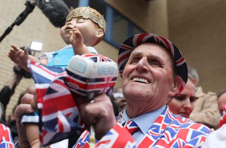 Supporters of the royal family celebrate outside the Lindo Wing of St Mary’s Hospital after Britain’s Catherine, the Duchess of Cambridge, gave birth to a son, in London