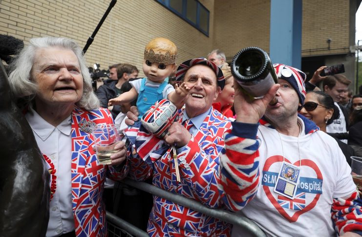 Supporters of the royal family celebrate outside the Lindo Wing of St Mary’s Hospital after Britain’s Catherine, the Duchess of Cambridge, gave birth to a son, in London
