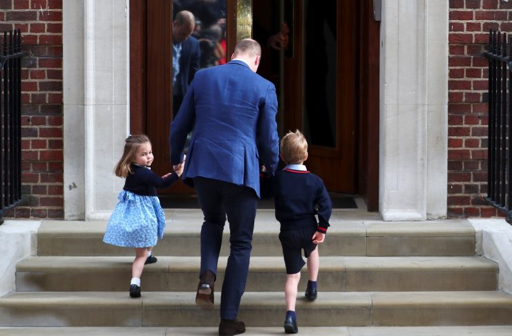 Britain’s Prince William arrives at the Lindo Wing of St Mary’s Hospital with his children Prince George and Princess Charlotte after his wife Catherine, the Duchess of Cambridge, gave birth to a son, in London