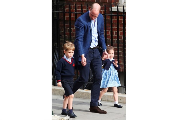 Britain’s Prince William arrives at the Lindo Wing of St Mary’s Hospital with his children Prince George and Princess Charlotte after his wife Catherine, the Duchess of Cambridge, gave birth to a son, in London