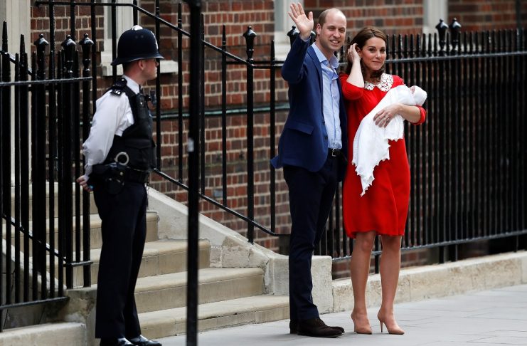 Britain’s Catherine, the Duchess of Cambridge and Prince William leave the Lindo Wing of St Mary’s Hospital with their new baby boy in London