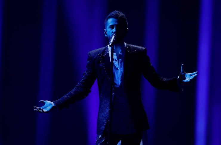 Albanias Eugent Bushpepa performs Mail during the dress rehearsal of Semi-Final 1 for Eurovision Song Contest 2018 at the Altice Arena hall in Lisbon