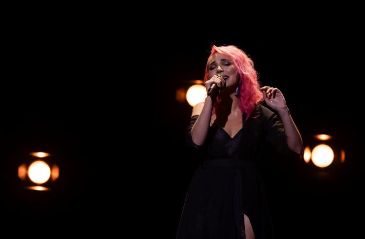 Portugals Claudia Pascoal performs O Jardim during a dress for Eurovision Song Contest 2018 at the Altice Arena hall in Lisbon