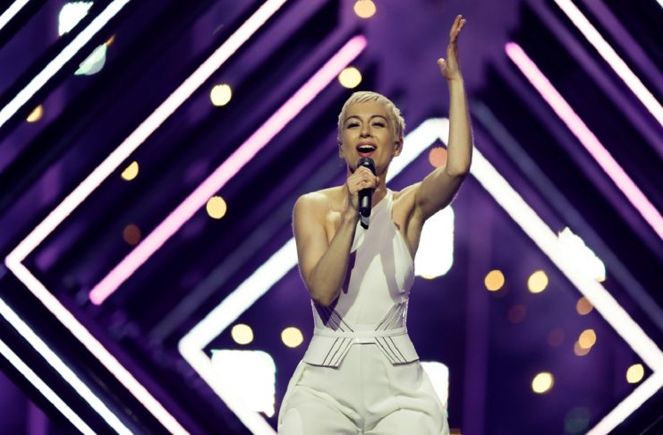 United Kingdoms SuRie performs Storm during a dress for Eurovision Song Contest 2018 at the Altice Arena hall in Lisbon