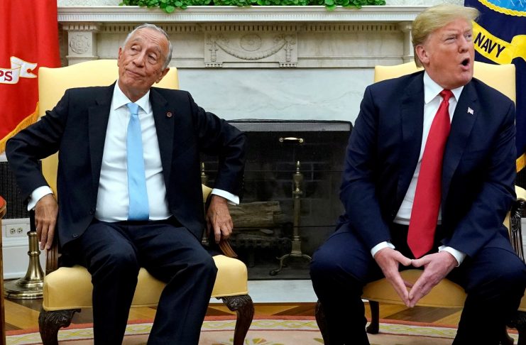 U.S. President Trump speaks to reporters during meeting with Portugals President Rebelo de Sousa at the White House in Washington