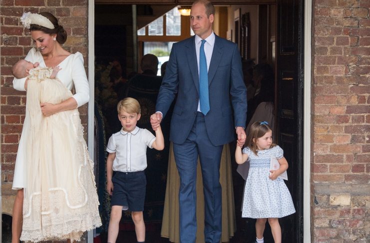 Britain’s Prince William and Catherine, the Duchess of Cambridge, leave the chapel with their children Prince George, Princess Charlotte and Prince Louis after Prince Louis’s christening in the Chapel Royal, St James’s Palace, London