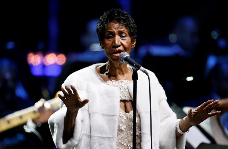 Aretha Franklin performs during the commemoration of the Elton John AIDS Foundation 25th year fall gala at the Cathedral of St. John the Divine in New York City