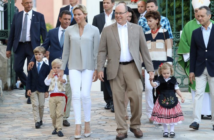 Prince Albert II of Monaco and his wife Princess Charlene arrive with their twins Prince Jacques and Princess Gabriella to take part in the traditional Monaco picnic in Monaco
