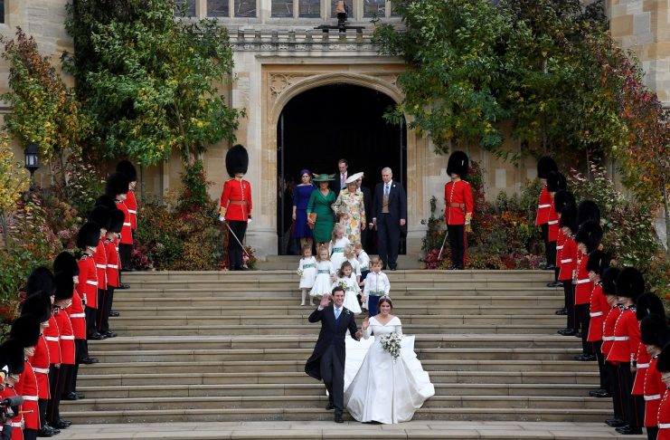 Britain’s Princess Eugenie and Jack Brooksbank leave the St George’s Chapel after their wedding at Windsor Castle, Windsor