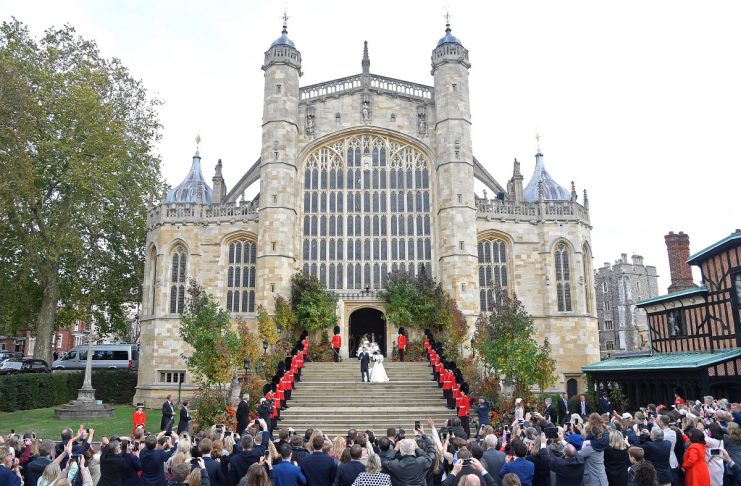 Britain’s Princess Eugenie and Jack Brooksbank leave the St George’s Chapel after their wedding at Windsor Castle, Windsor