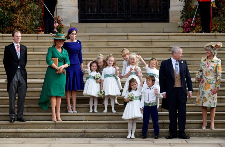 Sarah Ferguson and Princess Beatrice, he bridesmaids and page boys leave after the royal wedding of Britain’s Princess Eugenie of York and her husband Jack Brooksbank at St George’s Chapel in Wi