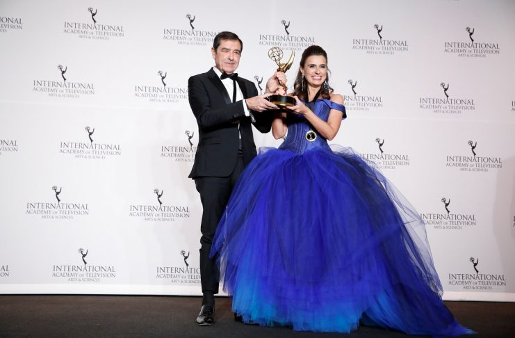 Production Director Jose Eduardo Moniz and Writer Maria Joao Costa from Portugal pose with their award for Telenovela for their work on “Our Verde (The Payback)” at the International Emmy Awards in Manhattan, New York City