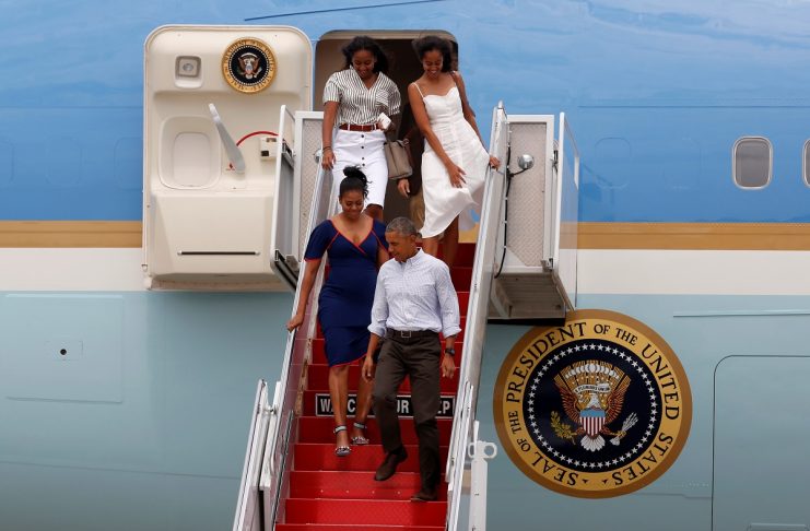 Obama and his family arrive aboard Air Force One in transit to their annual summer vacation at Martha’s Vineyard, via Cape Cod Coast Guard Air Station, Buzzards Bay, Massachusetts, U.S.