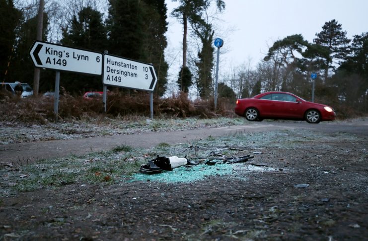 Debris is seen at the scene where Britain’s Prince Philip was involved in a traffic accident, near the Sandringham estate in eastern England
