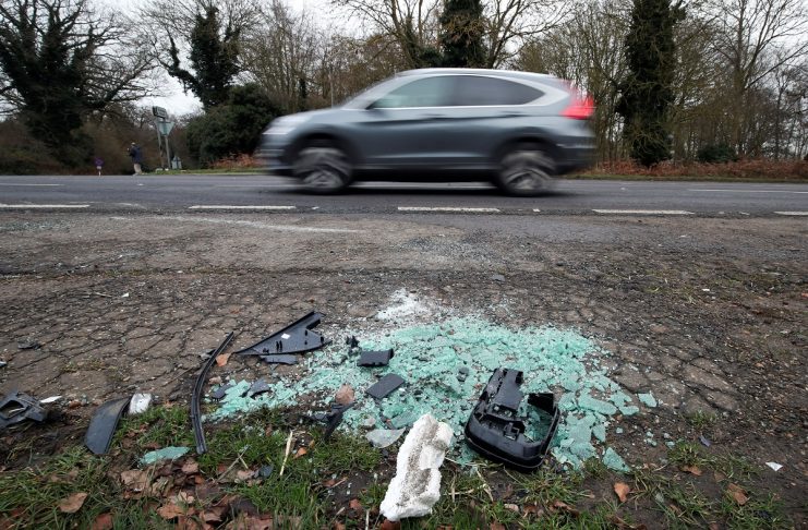 Debris is seen at the scene where Britain’s Prince Philip was involved in a traffic accident, near the Sandringham estate in eastern England