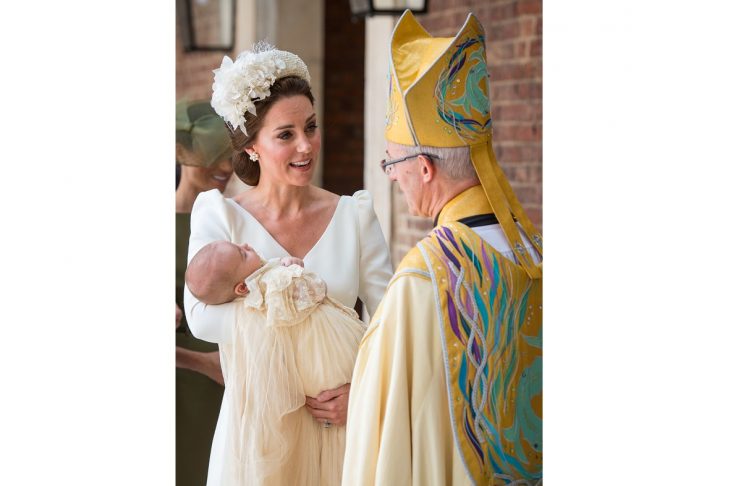 Britain’s Catherine, the Duchess of Cambridge, speaks to Archbishop of Canterbury Justin Welby as she arrives carrying Prince Louis for his christening service at the Chapel Royal, St James’s Palace, London