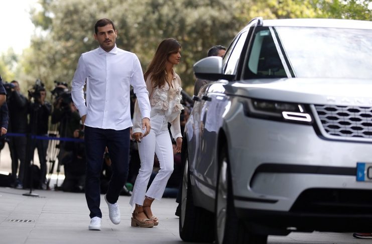 Spanish soccer player Iker Casillas leaves CUF Porto hospital accompanied by his wife Sara Carbonero in Porto