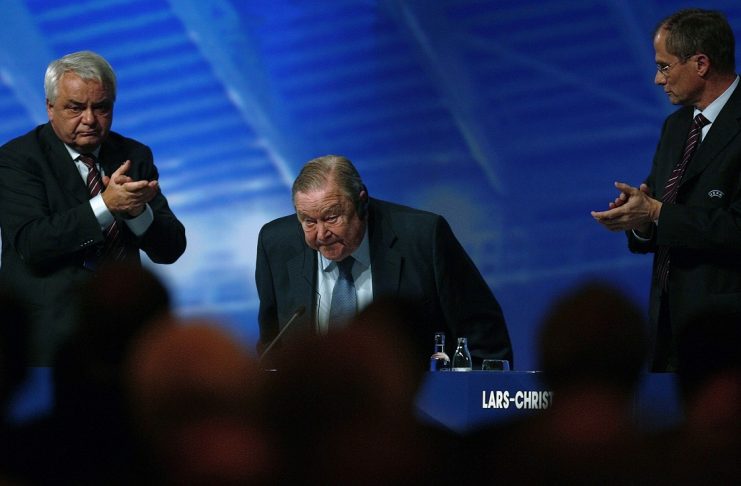 Outgoing UEFA president Johansson receives applause after Frenchman Platini was elected the new UEFA president in Duesseldorf