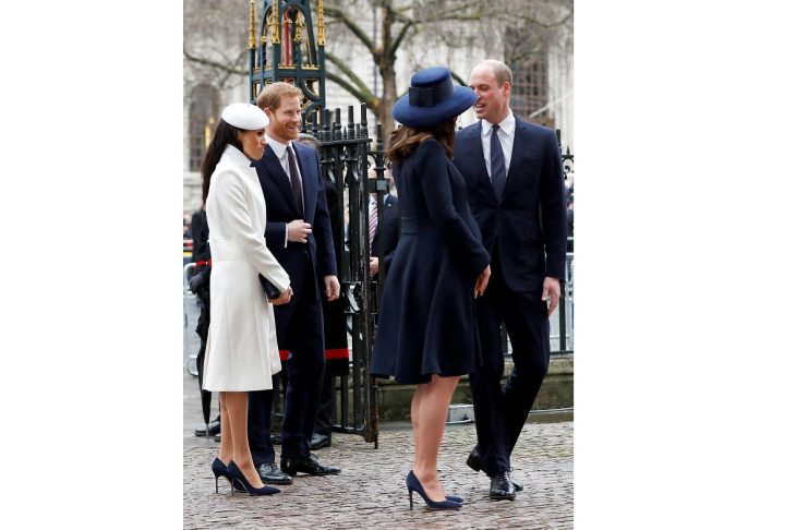 Britain’s Prince Harry, his fiancee Meghan Markle, Prince William and Kate, the Duchess of Cambridge, arrive at the Commonwealth Service at Westminster Abbey in London
